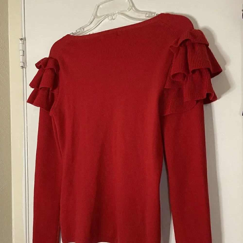 Badgley Mischka Red Wool knit ruffle sleeve detail round neck sweater size small